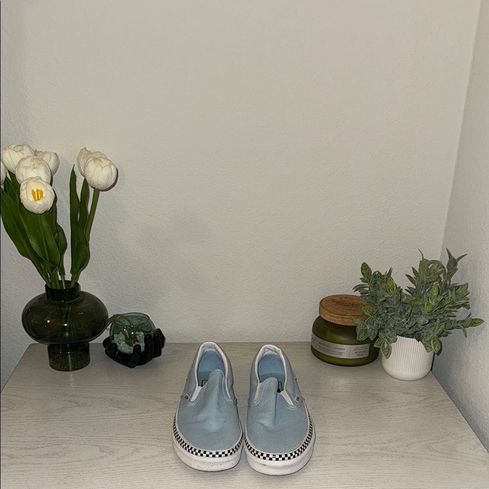 W9.5/M8 Vans Pale blue slip on shoes with checkered detail